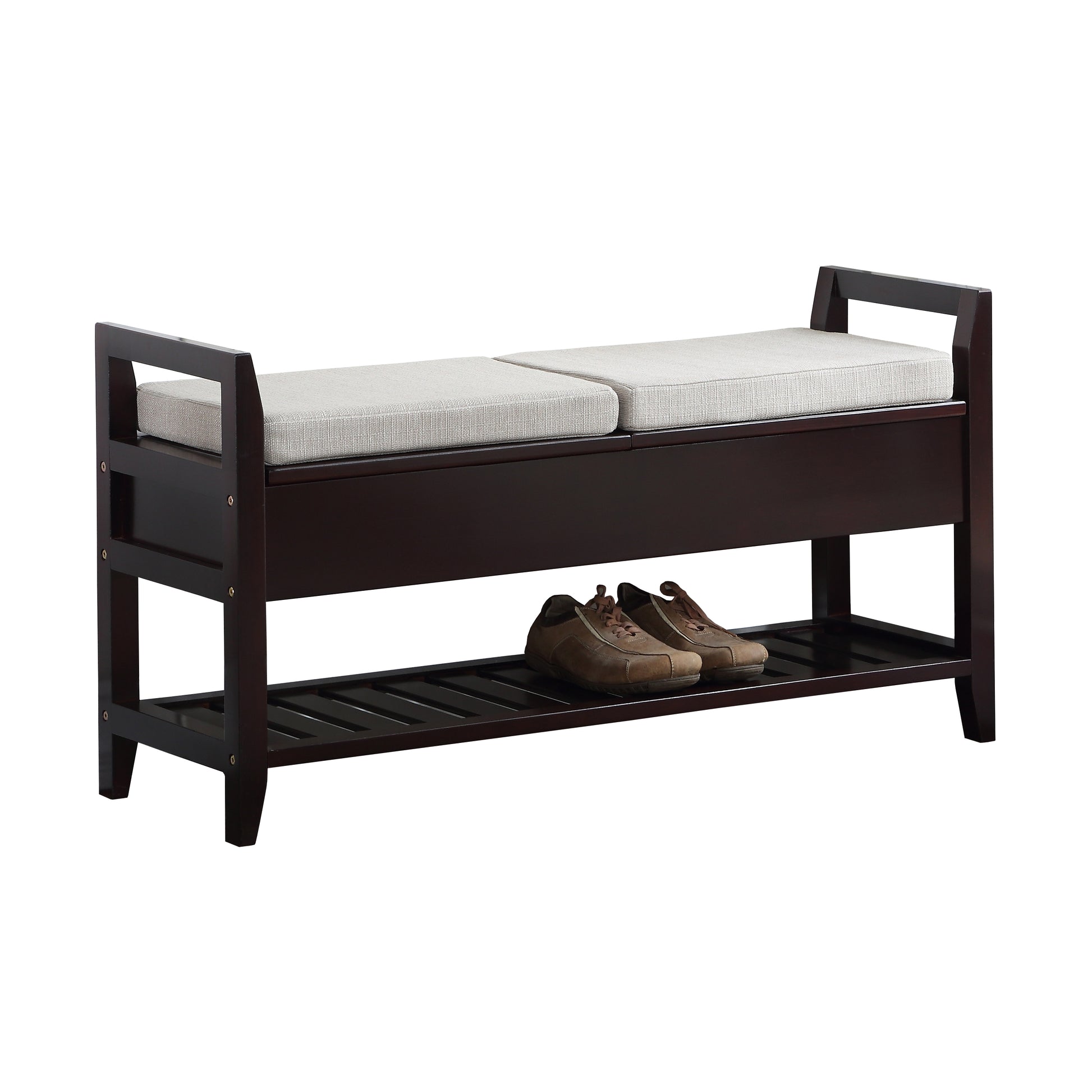 Dark brown wooden shoe bench with padded seat and lower shelf storing two brown loafers