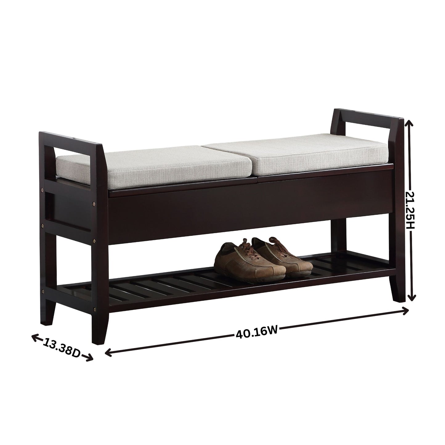 Dark brown wooden storage bench with beige upholstered seat and slatted shoe shelf below