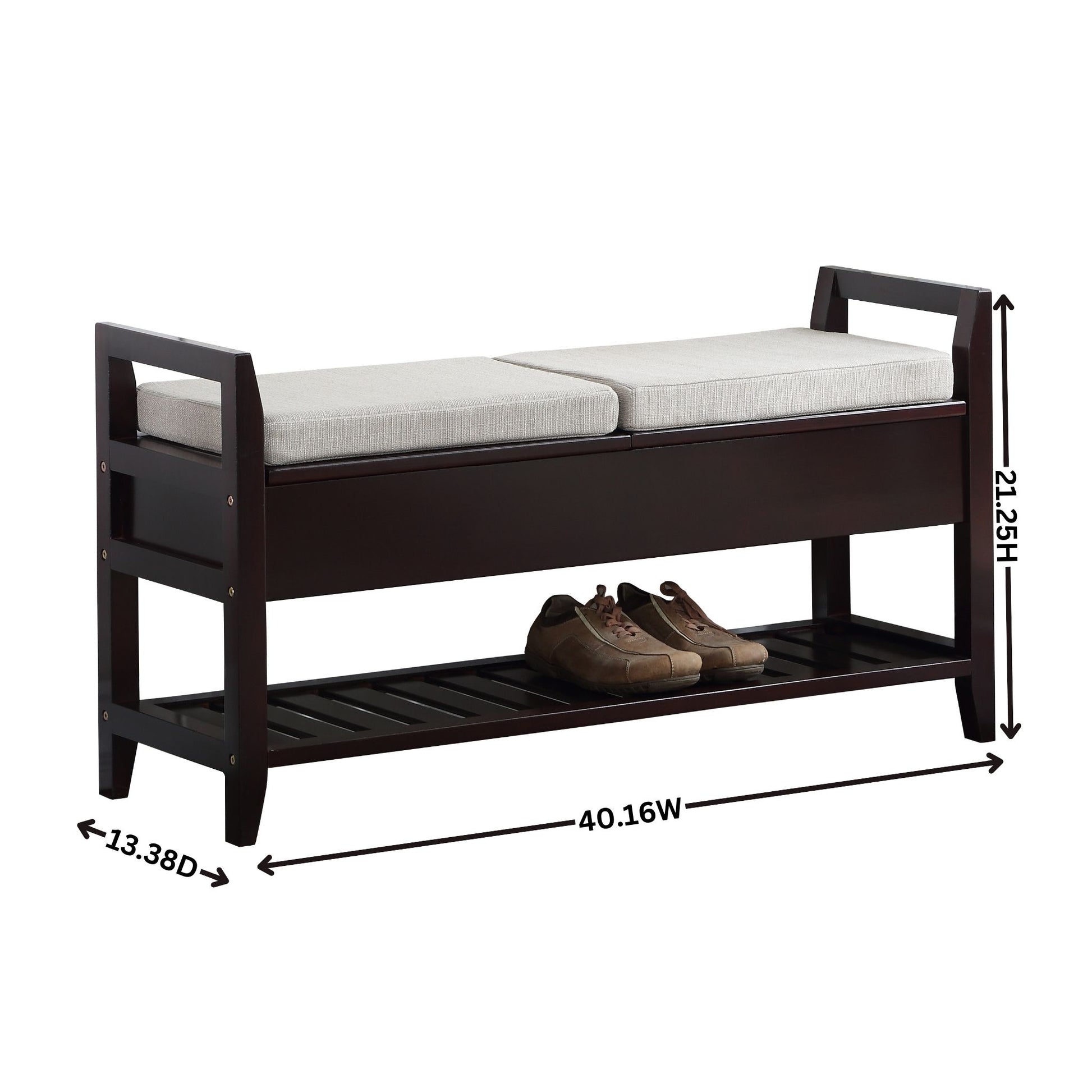Dark brown wooden storage bench with beige upholstered seat and slatted shoe shelf below