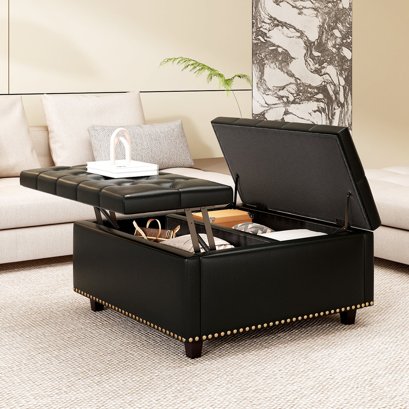 Black leather storage ottoman with tufted lid