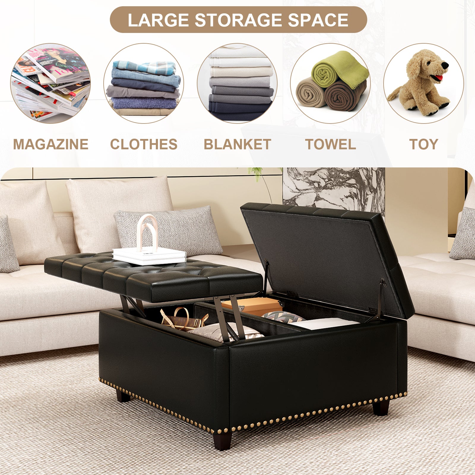 Black tufted faux leather ottoman with open storage compartment and lifttop