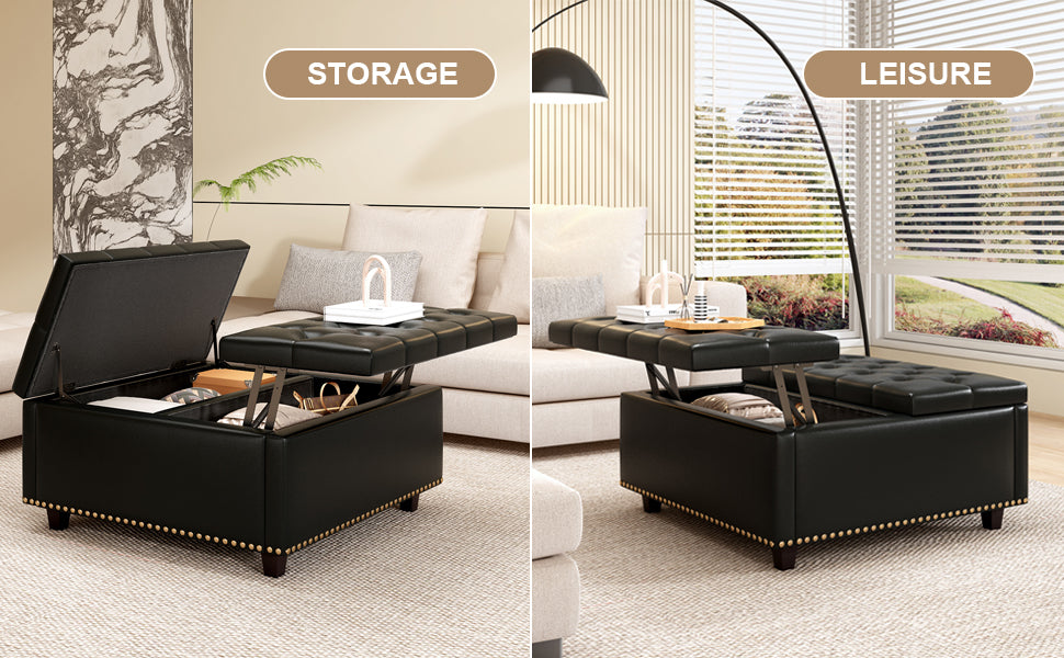 Black faux leather storage ottoman with tufted top