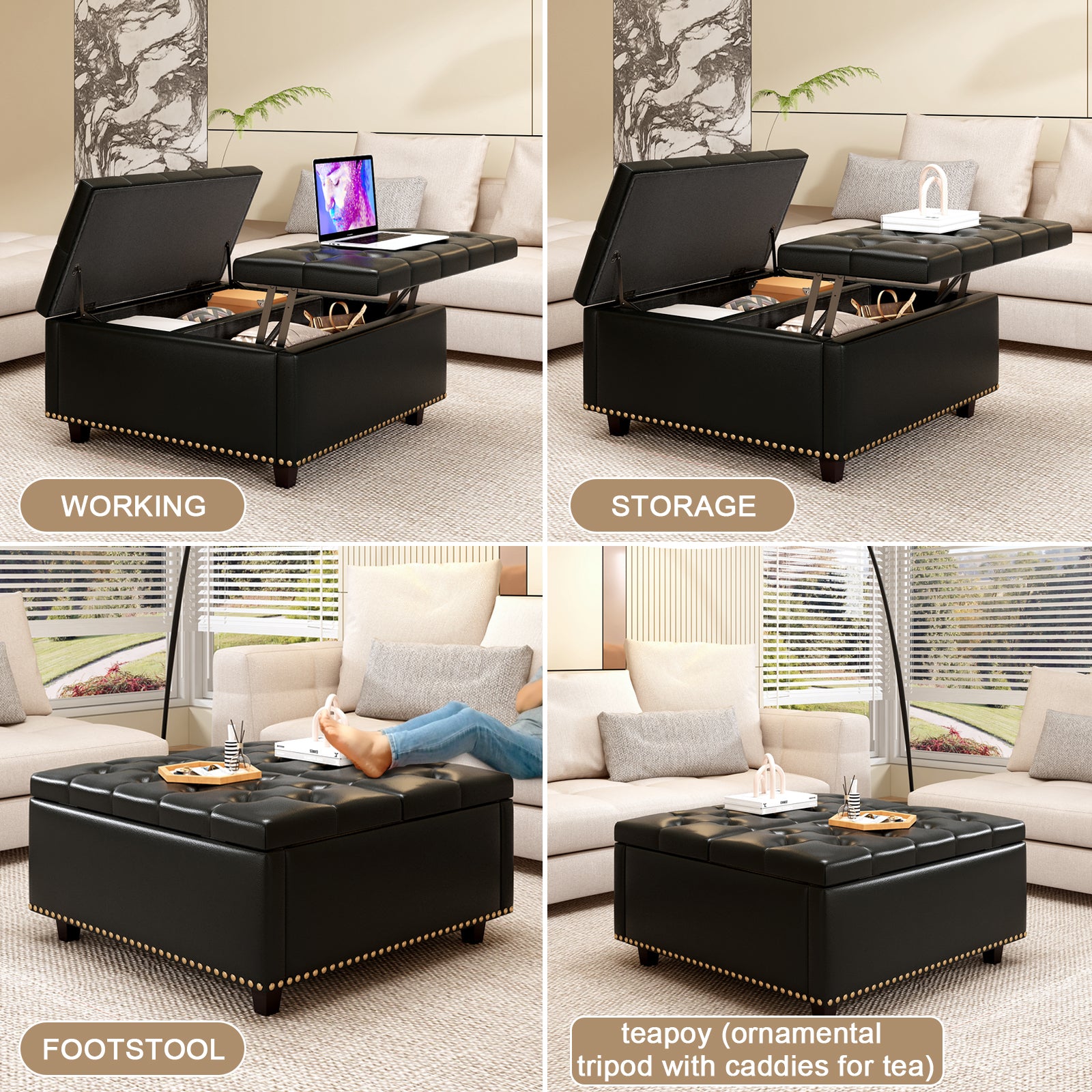 Black tufted storage ottoman with lifttop in working mode laptop open