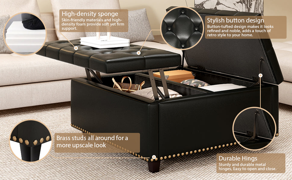 Black faux leather lifttop storage ottoman with buttontufted lid and brass studs