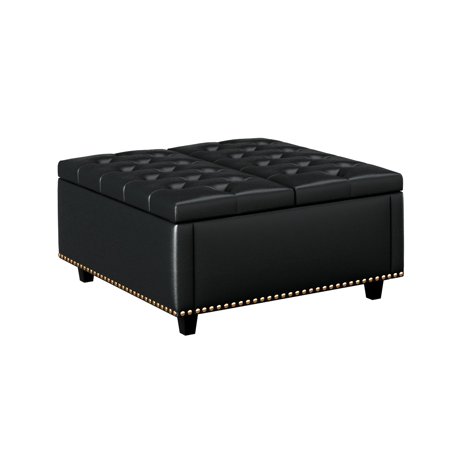 Black tufted leather storage ottoman with brass nailhead trim