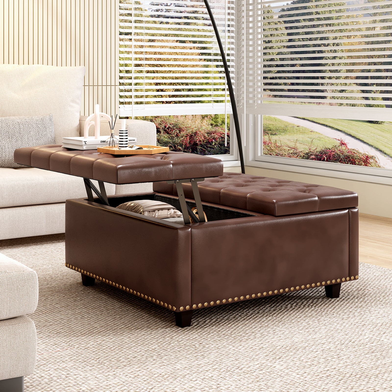 Lifttop brown faux leather ottoman with storage and studded trim