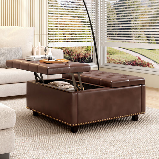 Lifttop brown faux leather ottoman with storage and studded trim