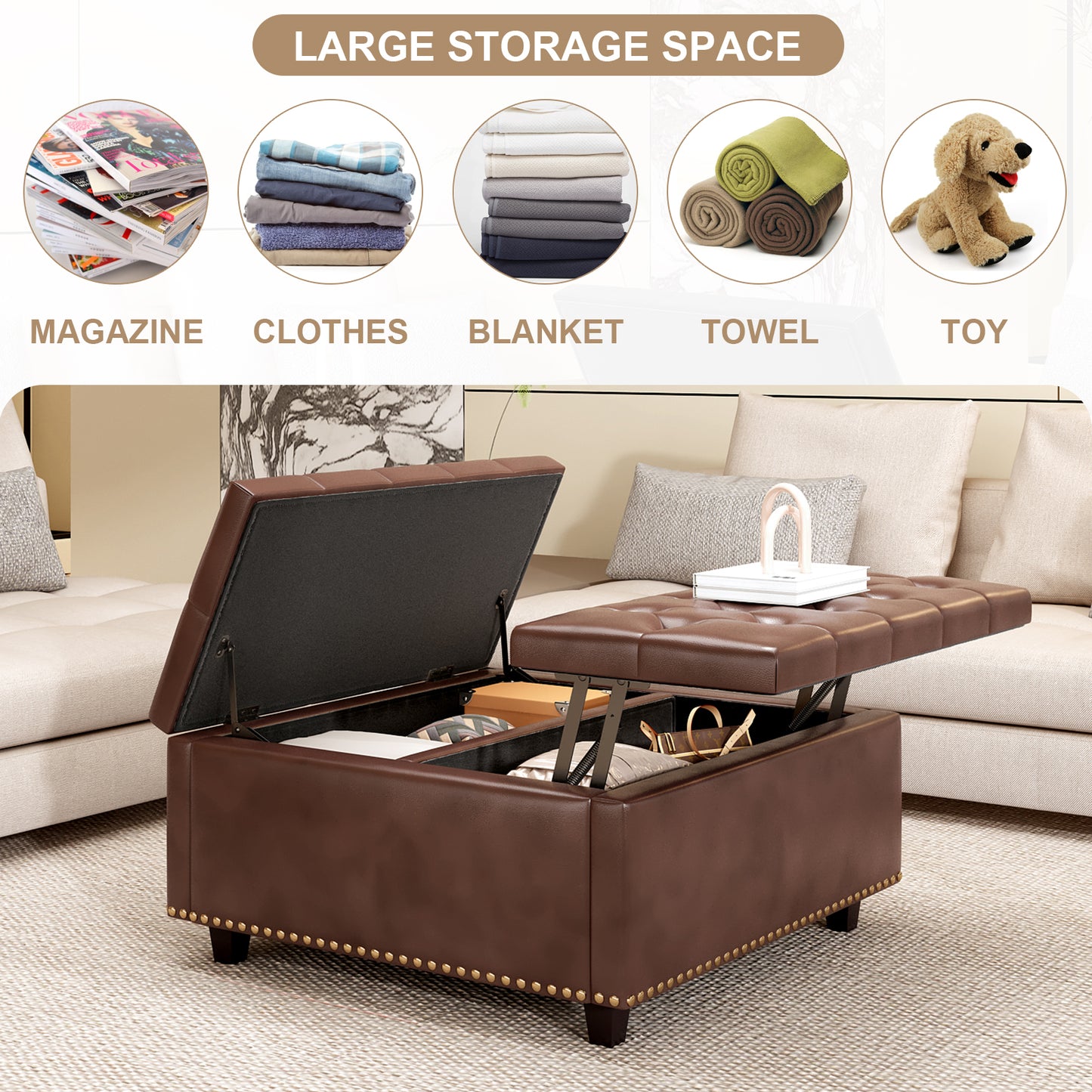Brown faux leather storage ottoman with tufted lifttop