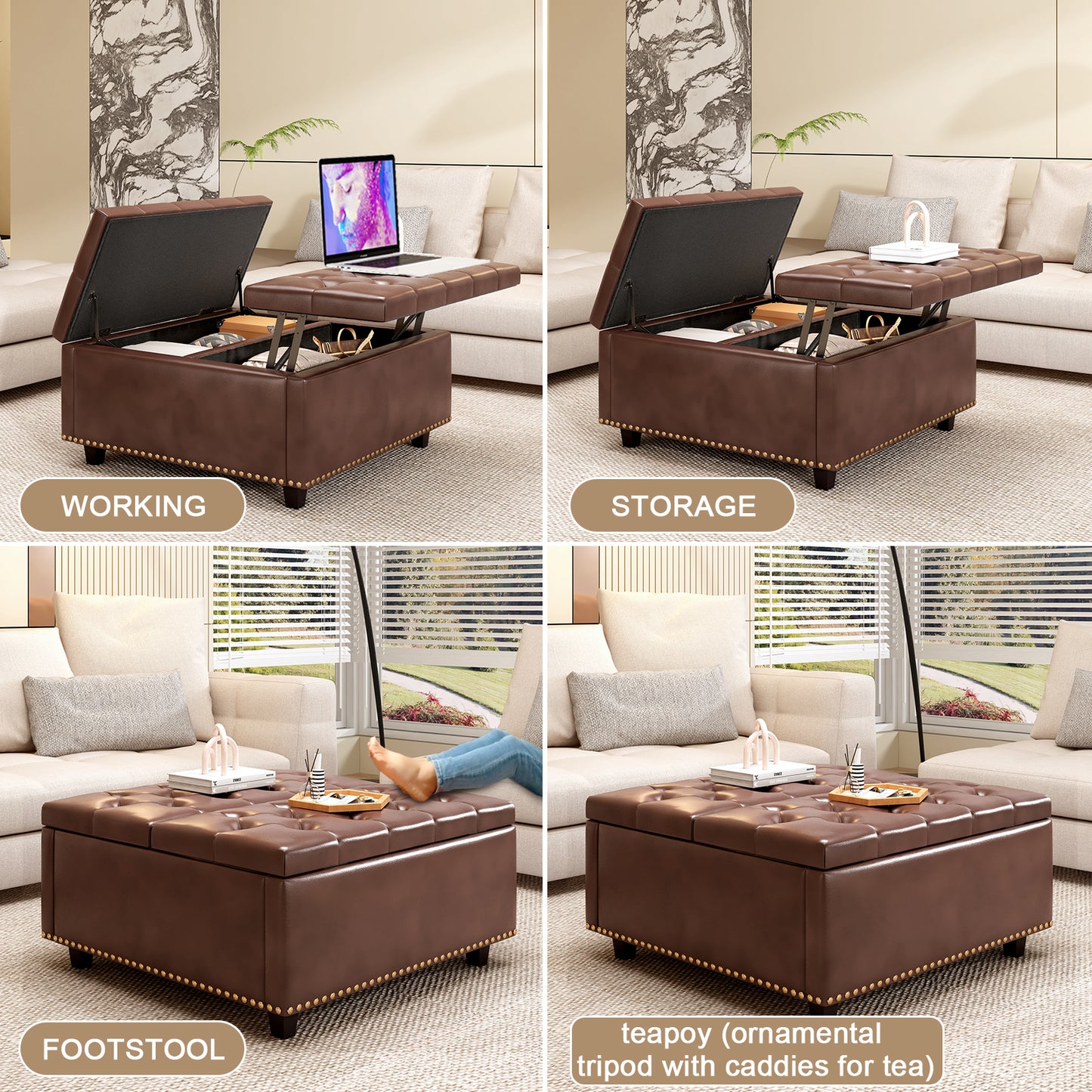 Brown faux leather lifttop storage ottoman with tufted lid