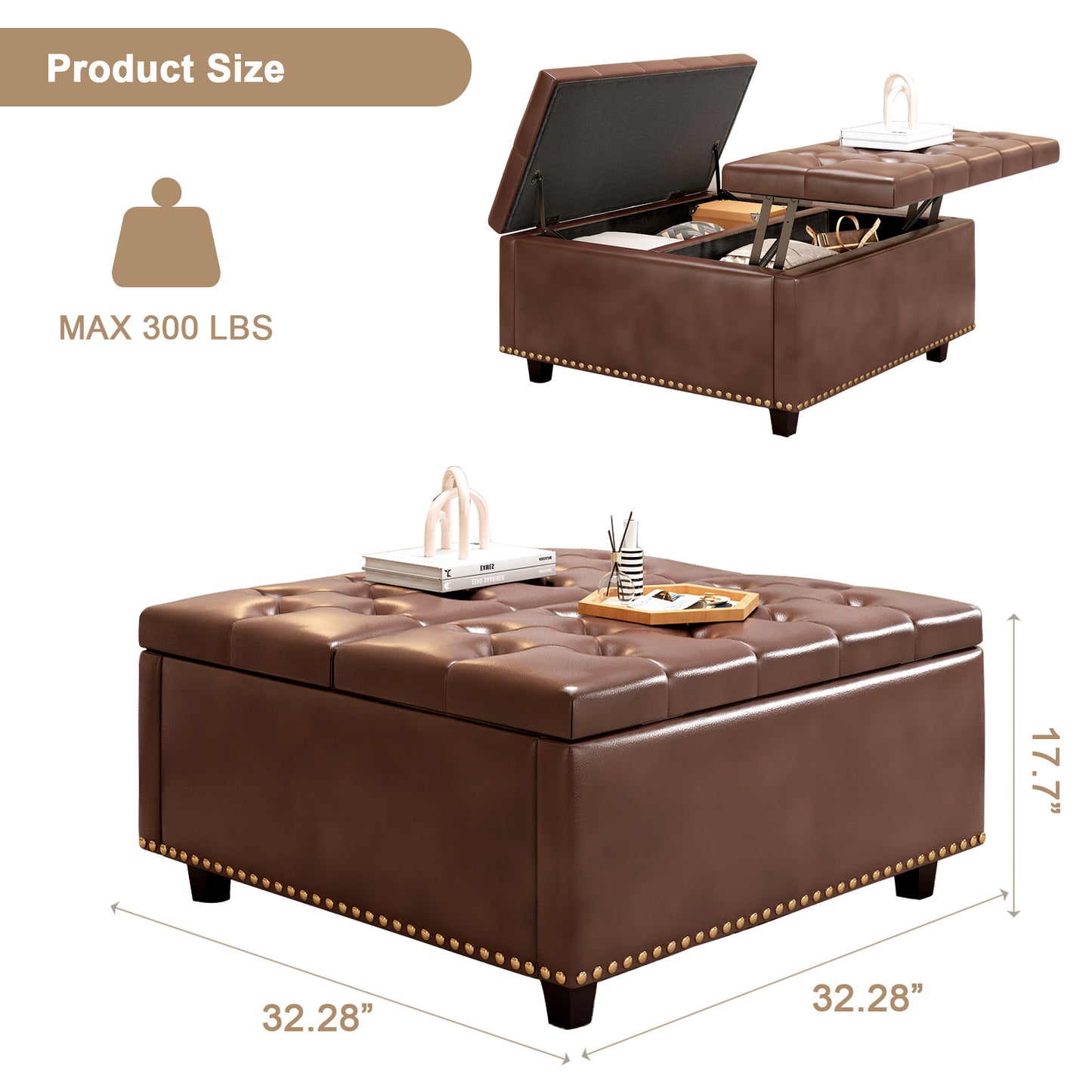 Brown tufted storage ottoman with brass nailhead trim and hinged lifttop