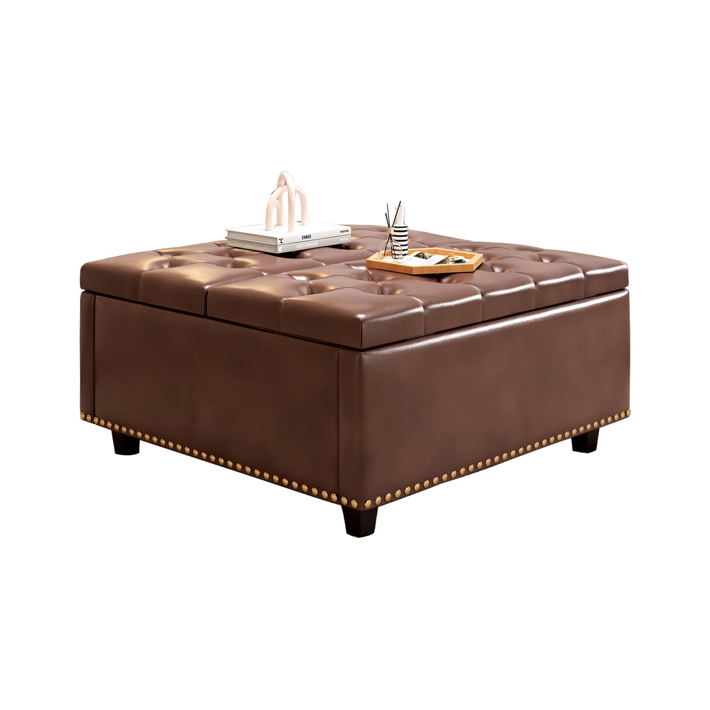 Tufted brown faux leather storage ottoman with gold nailhead trim