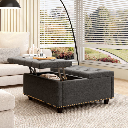 Dark gray tufted storage ottoman with lifttop