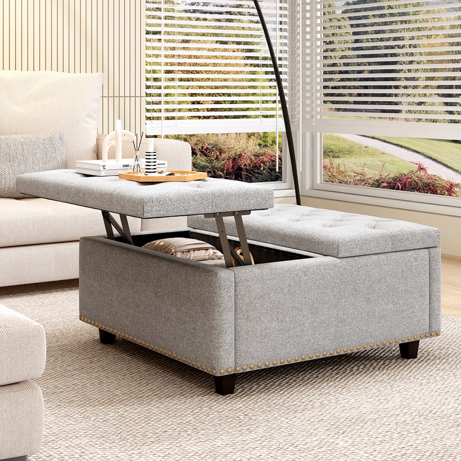 Lifttop grey fabric ottoman with tufted seat and storage