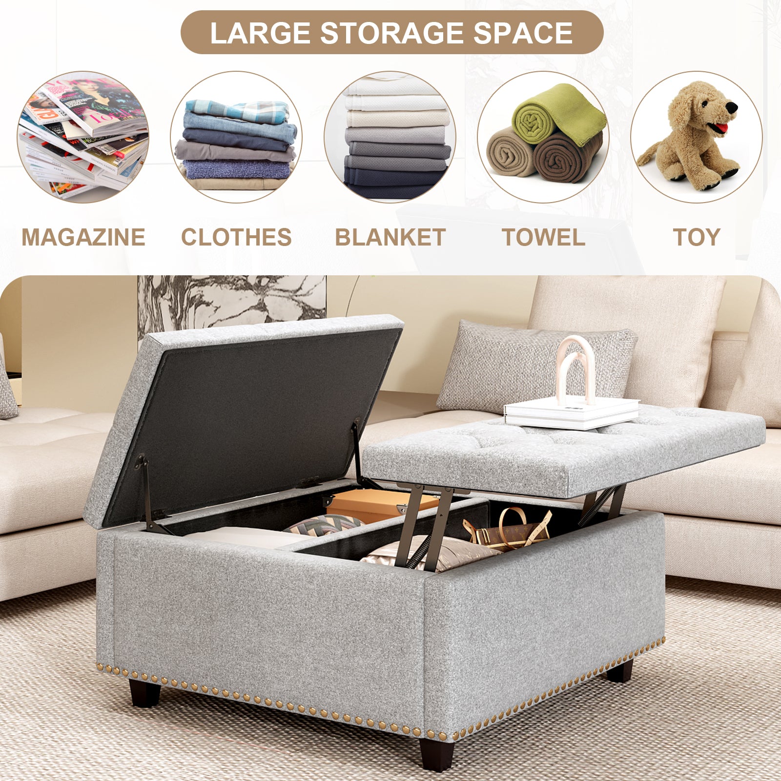 Gray fabric storage ottoman with tufted lid open showing magazine storage