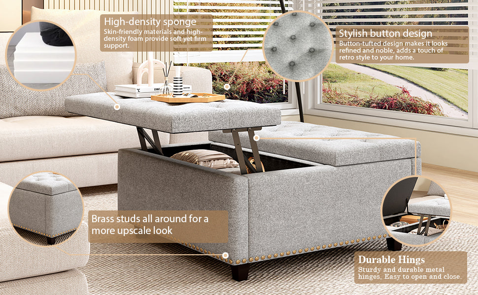 Grey fabric ottoman with lifttop storage and button tufting