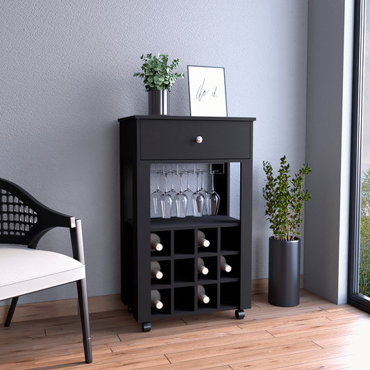 Black rolling wine cabinet with glass rack and  bottle slots