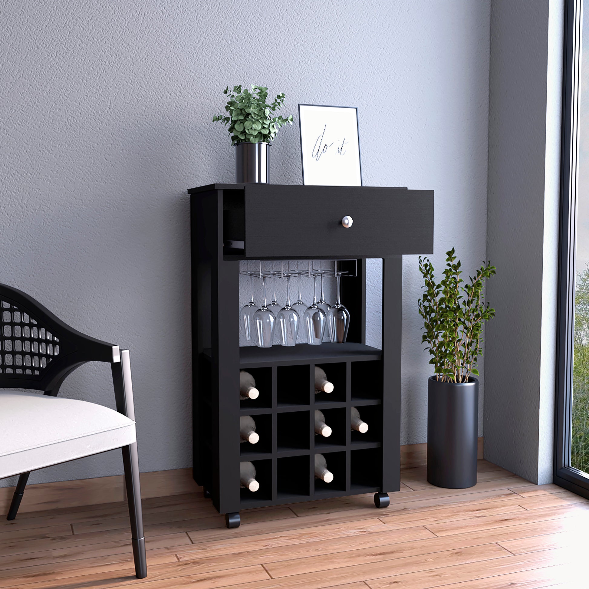 Black rolling wine cabinet with drawer and glass rack