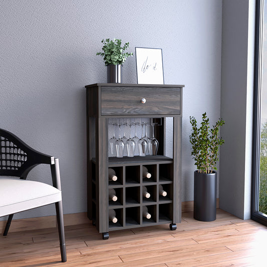 Dark gray wood wine cabinet with drawer and glass rack holding wine bottles