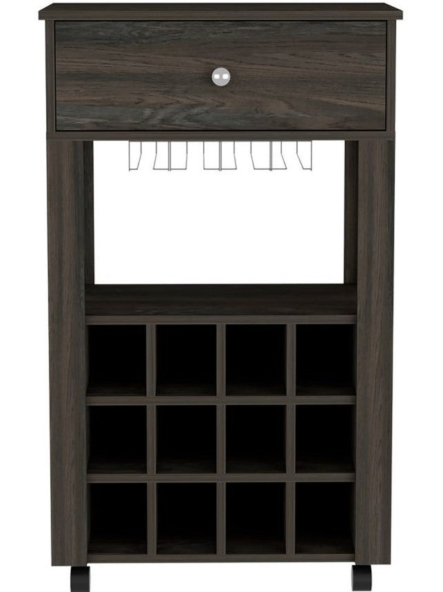 Dark wood wine cart with  bottle cubbies and drawer