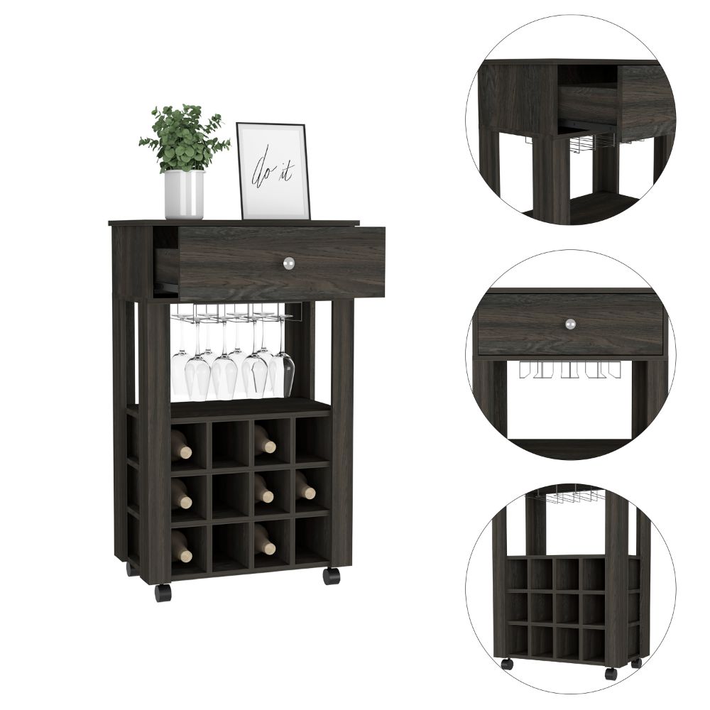 Dark wood bar cart with wine rack and glass holder