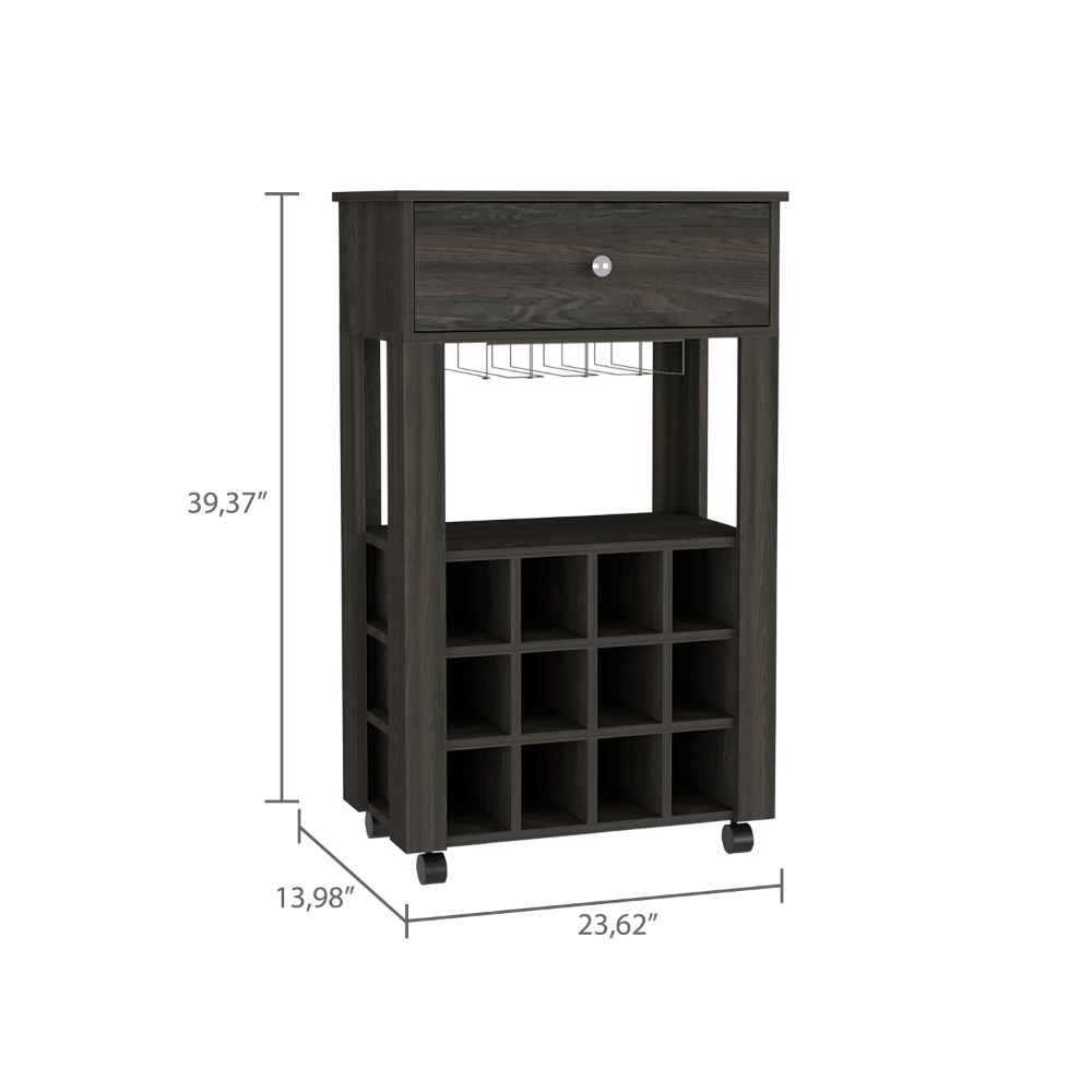 Dark wood kitchen cart with wine rack and drawer