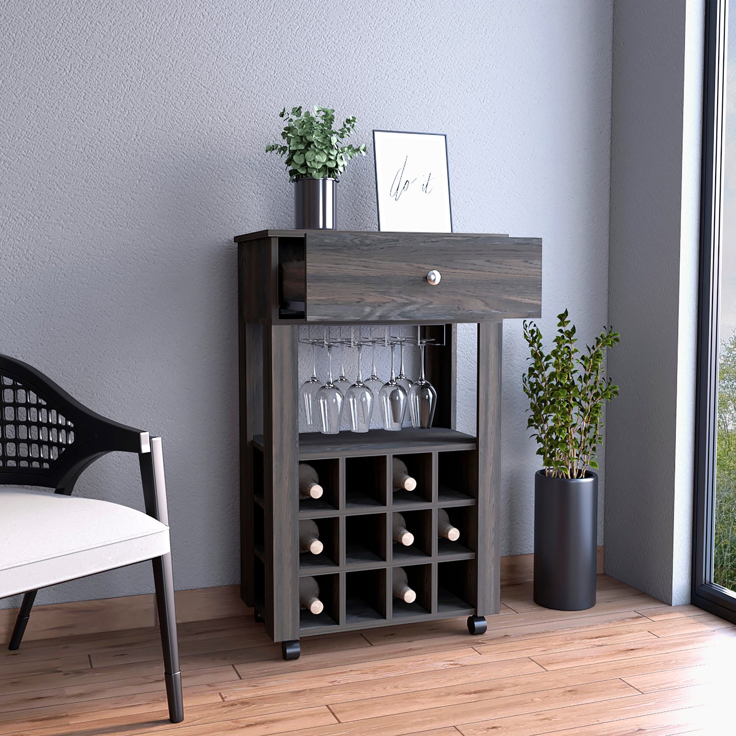 Dark wood wine cart with glass rack and bottle storage