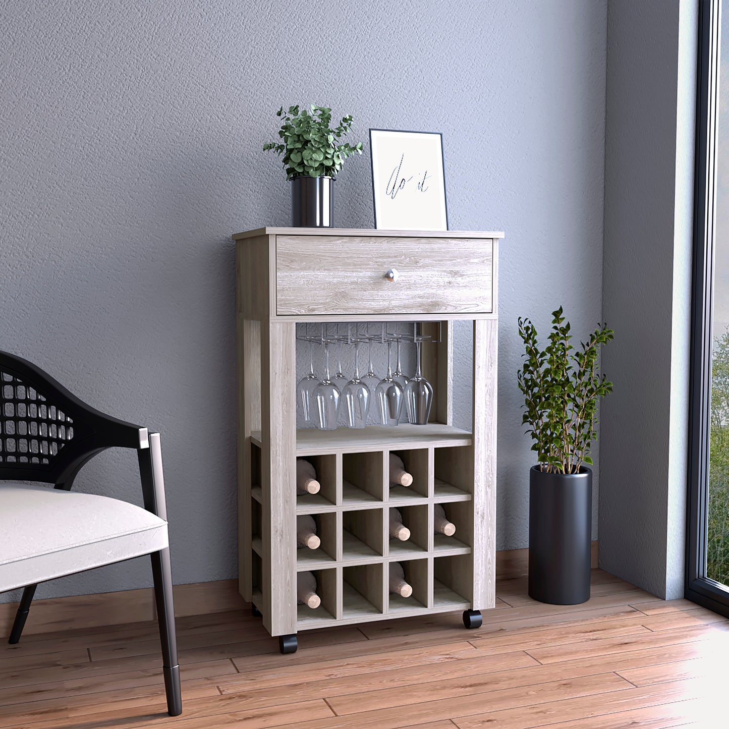 Rustic oak wine cabinet with drawer and glass rack