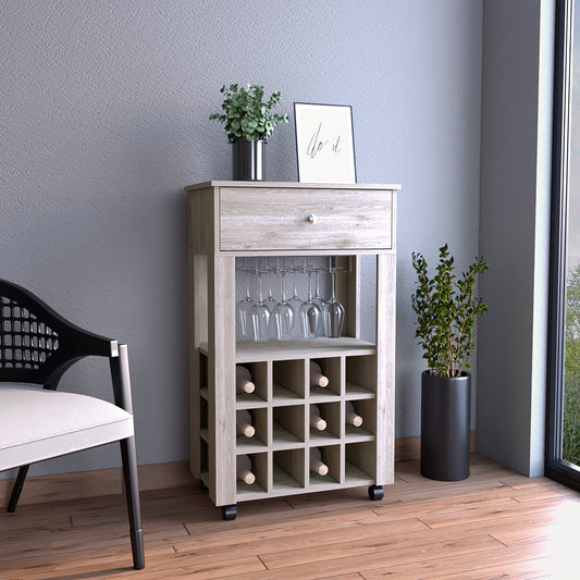Rustic oak wine cabinet with drawer and glass rack
