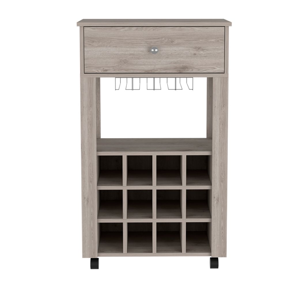 Light oak wood bar cart with wine rack and drawer
