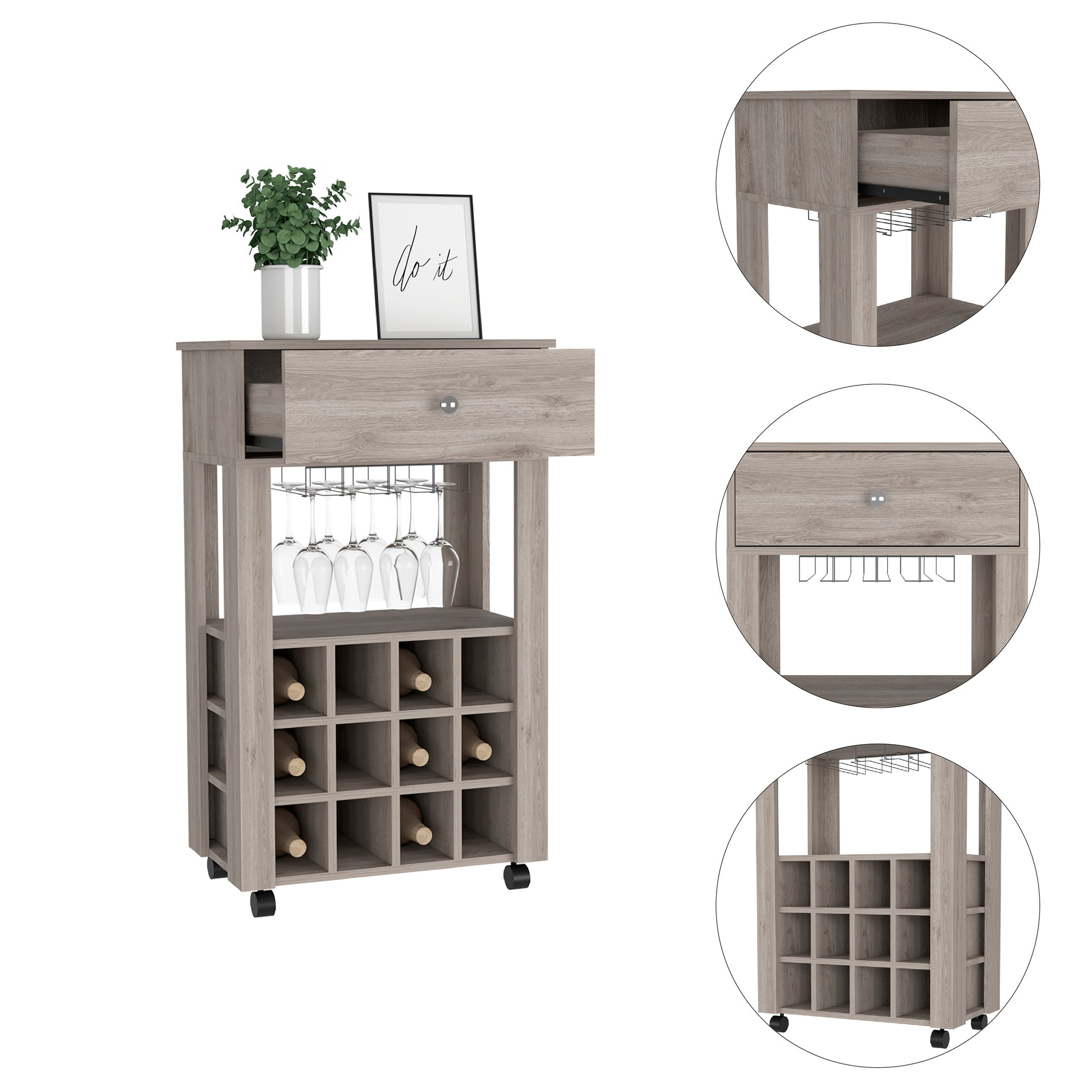Rustic oak rolling bar cart with wine racks and glass holders