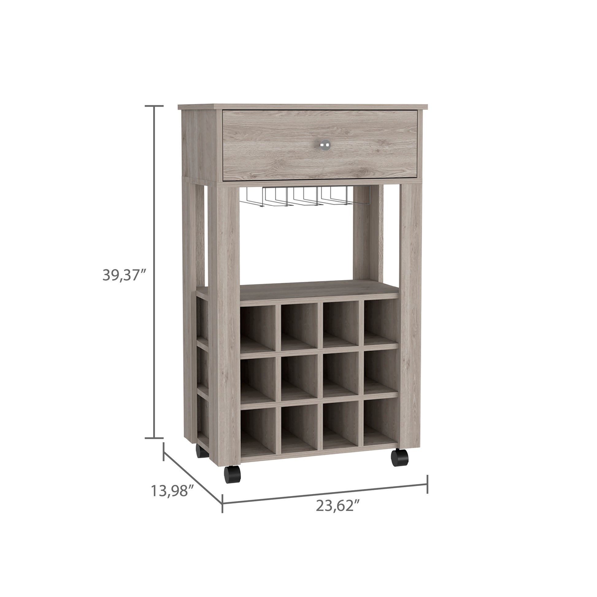 Gray wood kitchen cart with single drawer and  wine bottle cubbies