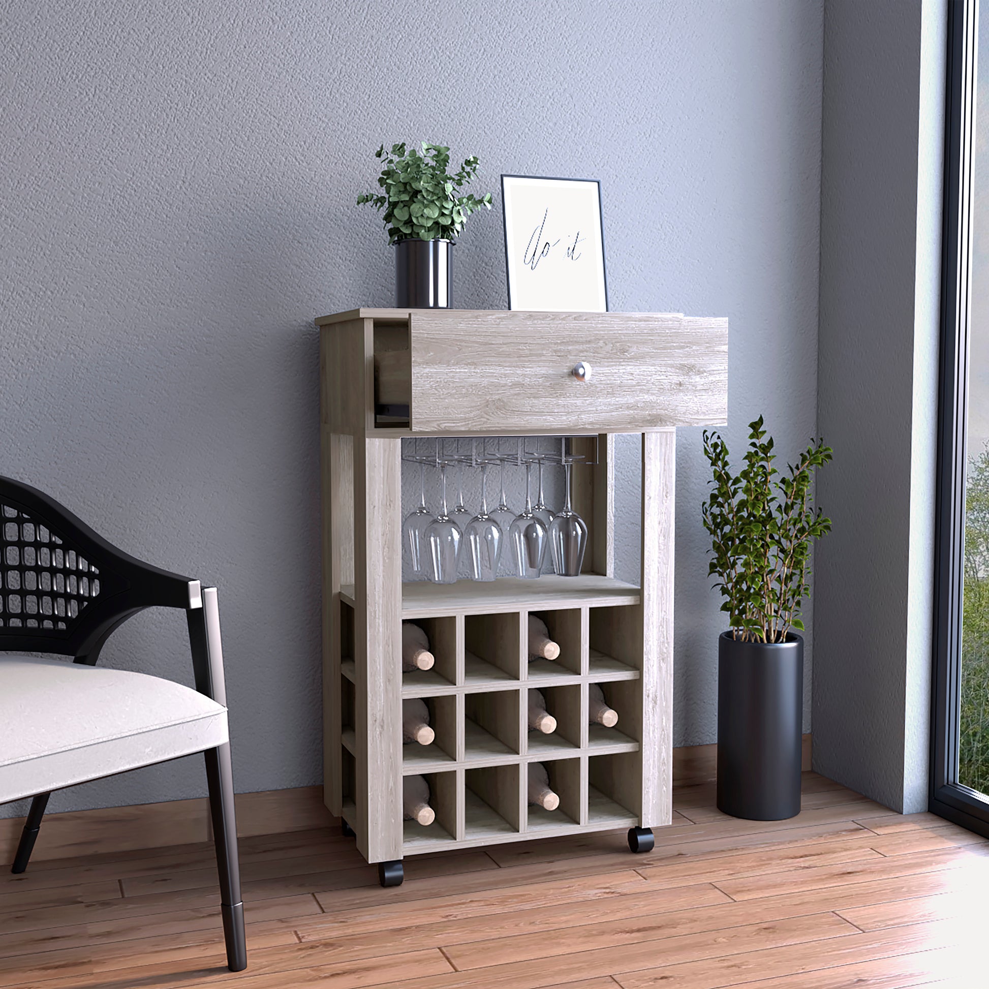 Light oak wine cabinet with glass rack and drawer