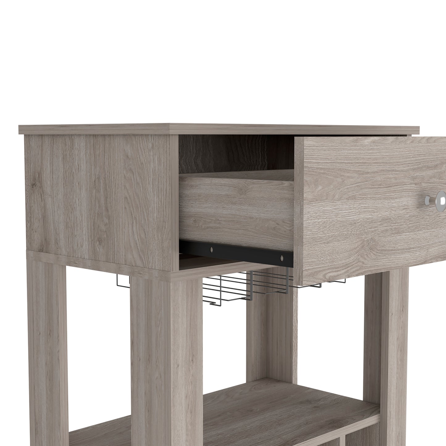 Rustic wood bar cart with open shelving and wine glass rack