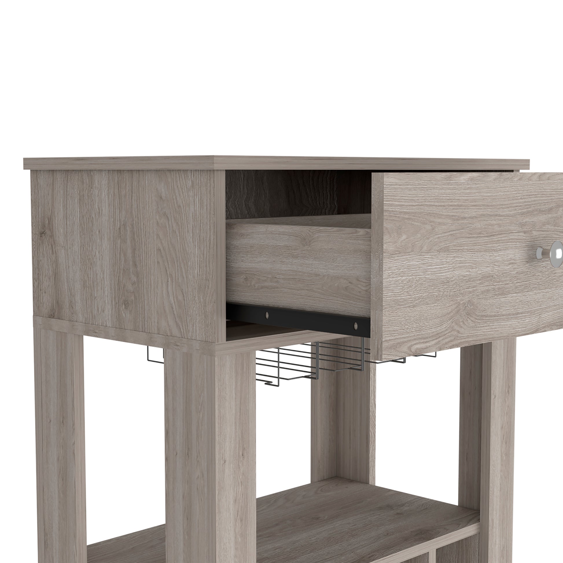 Rustic wood bar cart with open shelving and wine glass rack