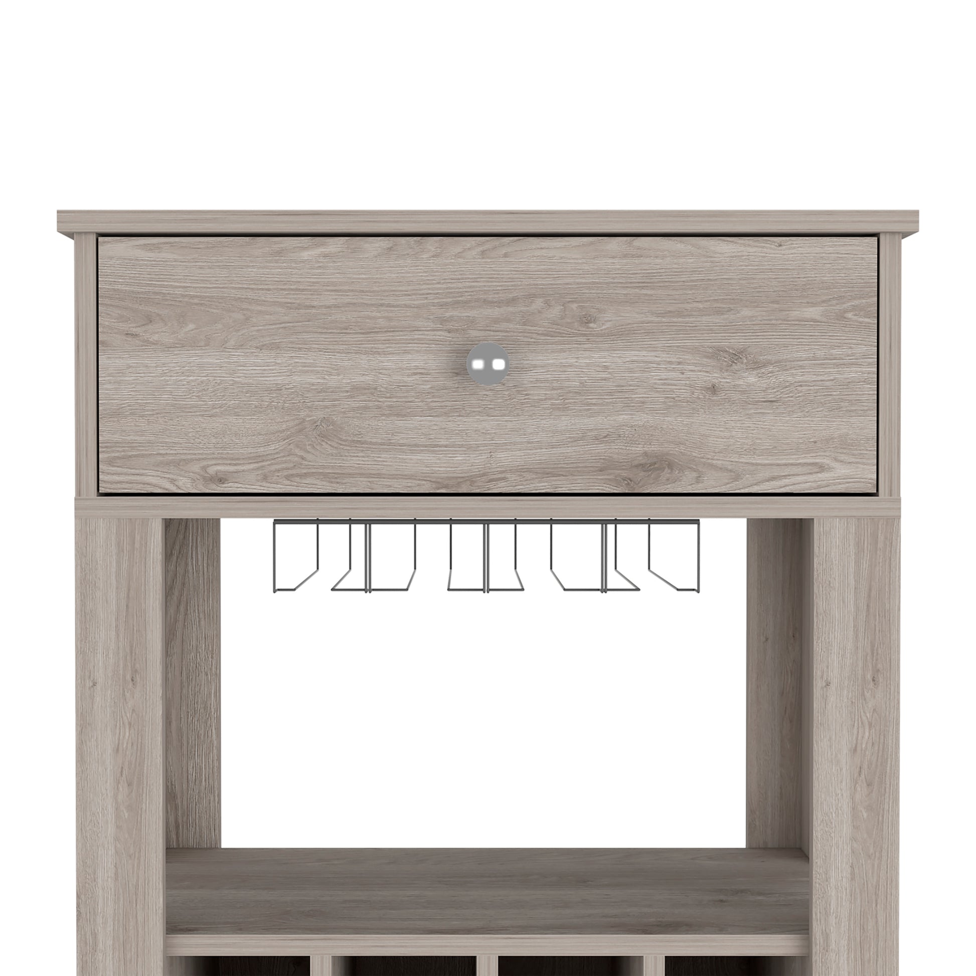 Rustic oak bar cart with wine glass rack and drawer