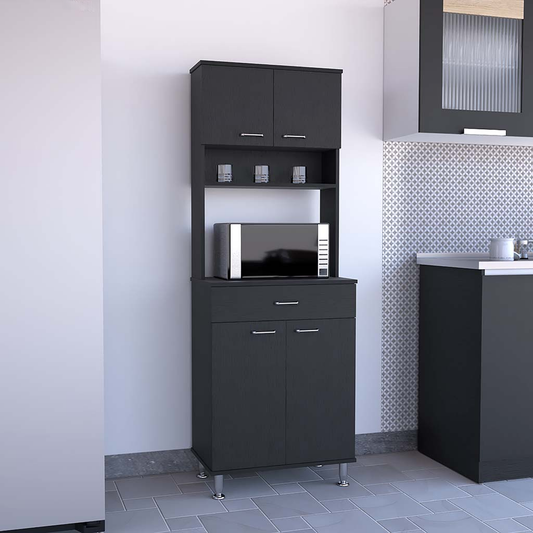 Dark gray kitchen cabinet with microwave shelf and double door base