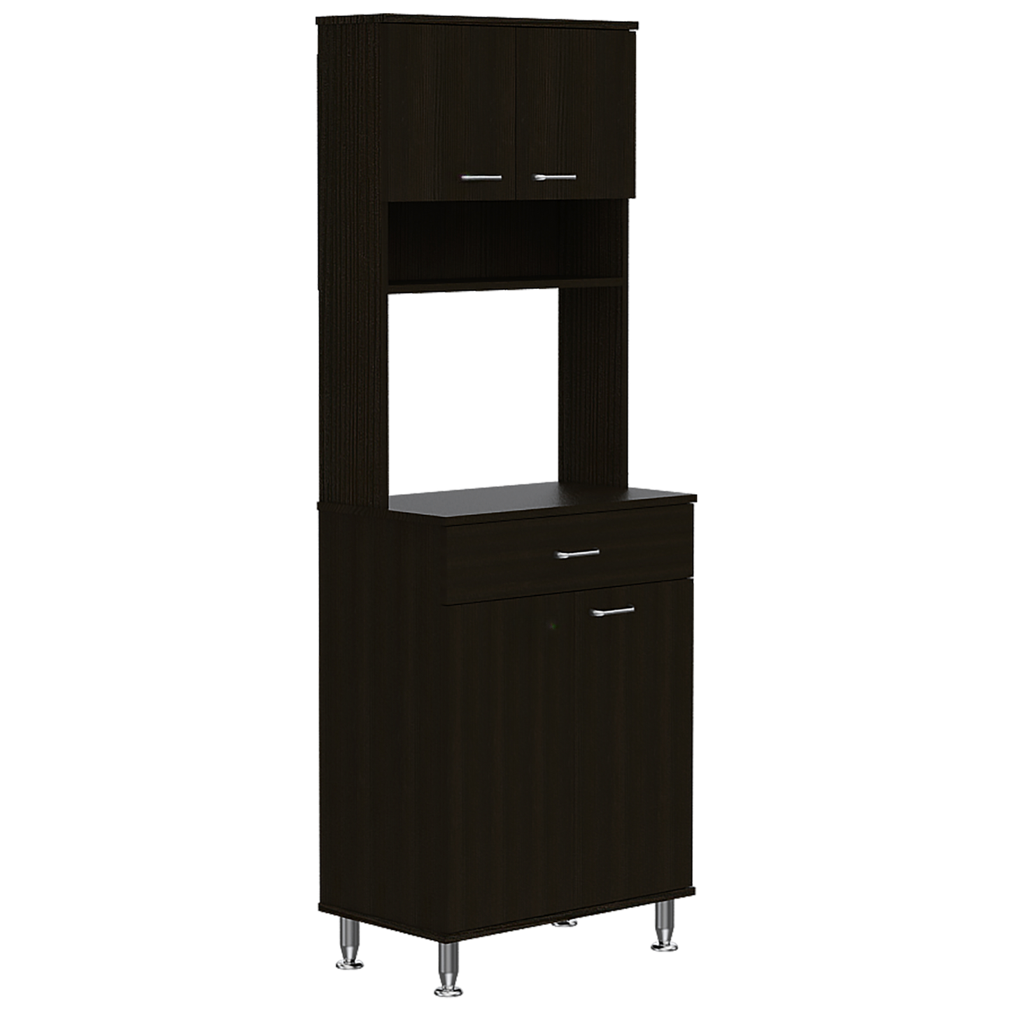 Dark wood pantry cabinet with upper shelves and two doors