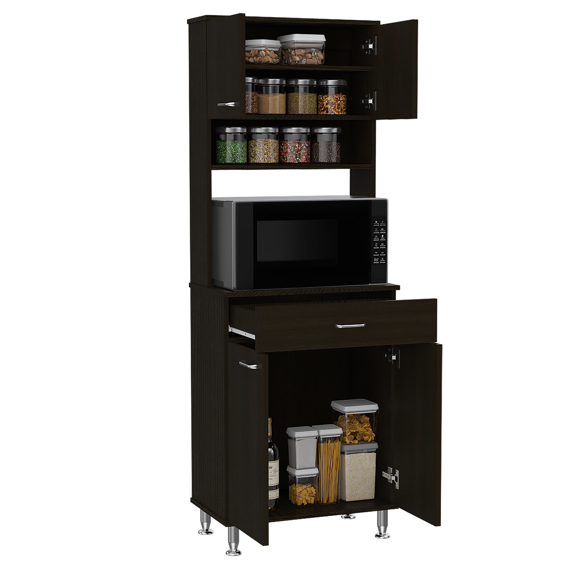 Dark wood kitchen pantry with microwave shelf and storage cabinets