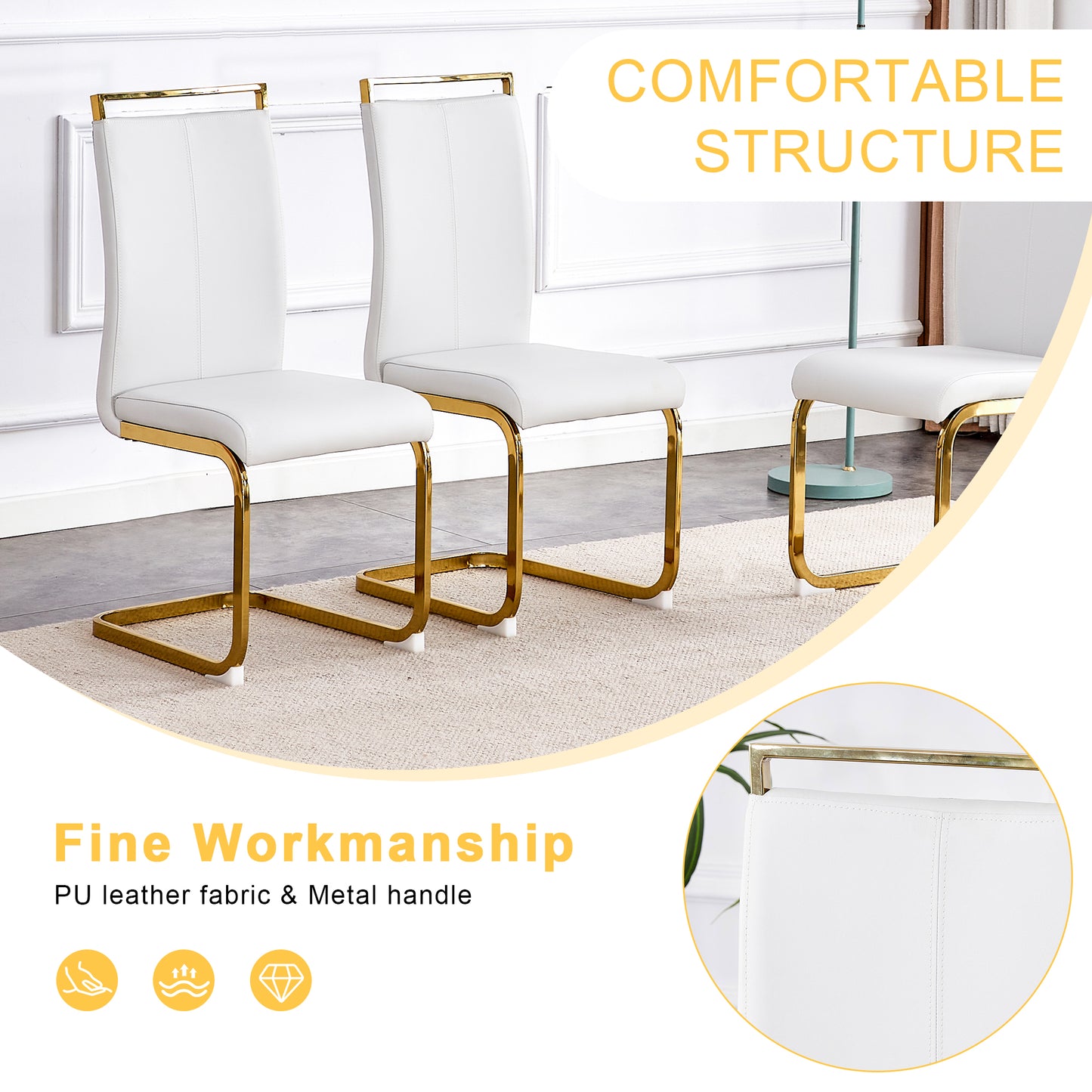 White faux leather dining chair with gold metal frame and handle