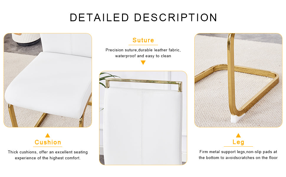Closeup of a thick white leather dining chair cushion with gold metal legs