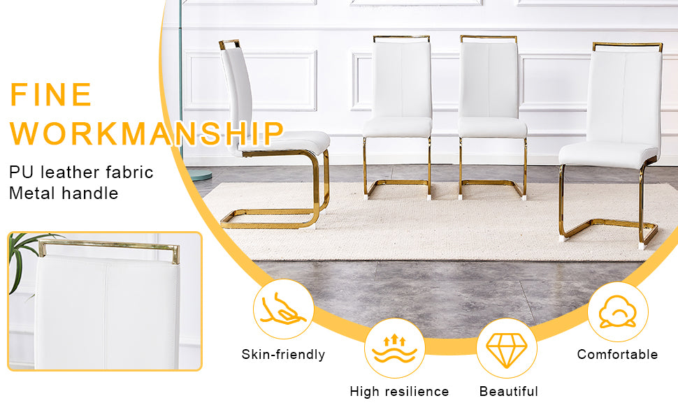White PU leather dining chair with gold metal frame and handle
