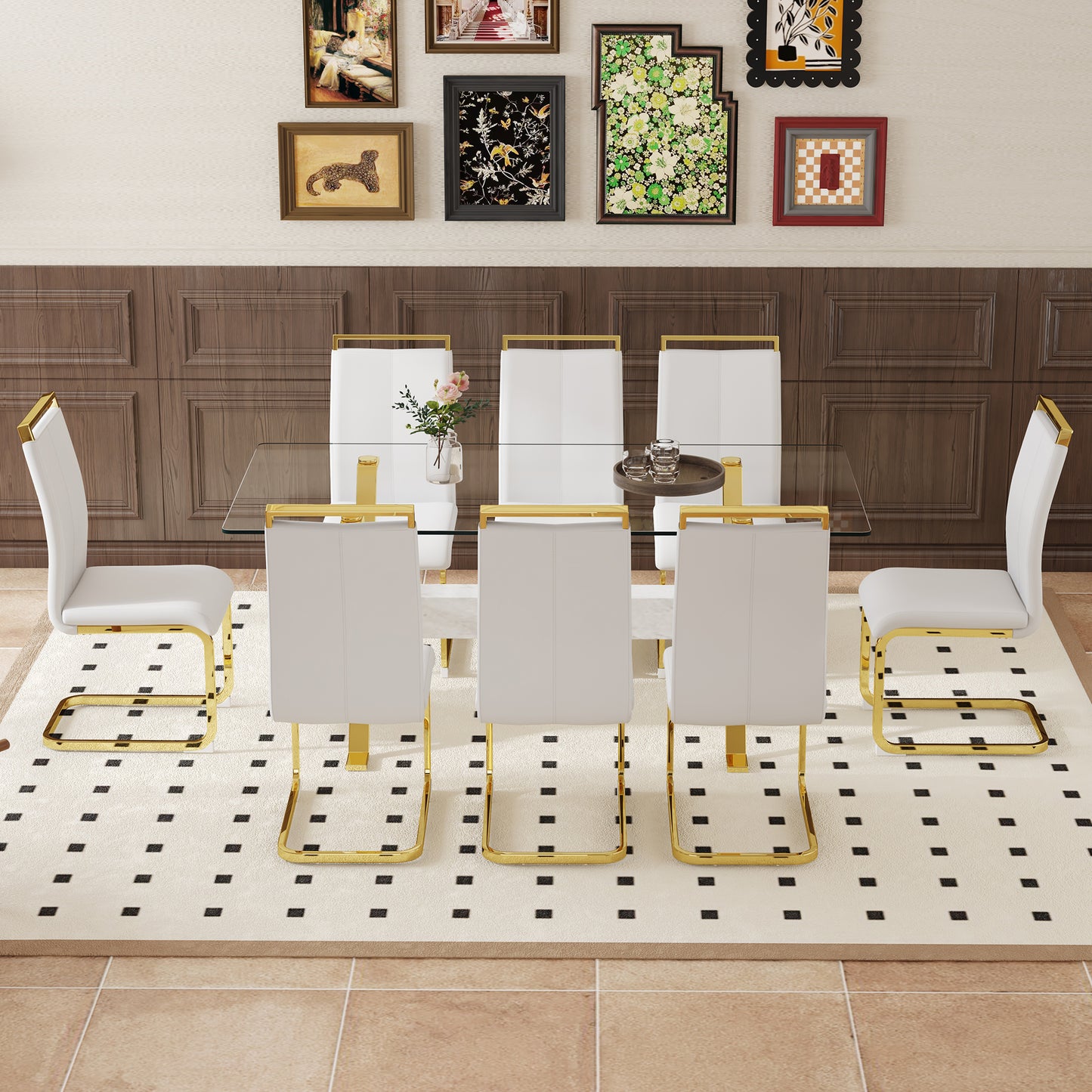 Modern white dining chairs with gold frame and glass top table