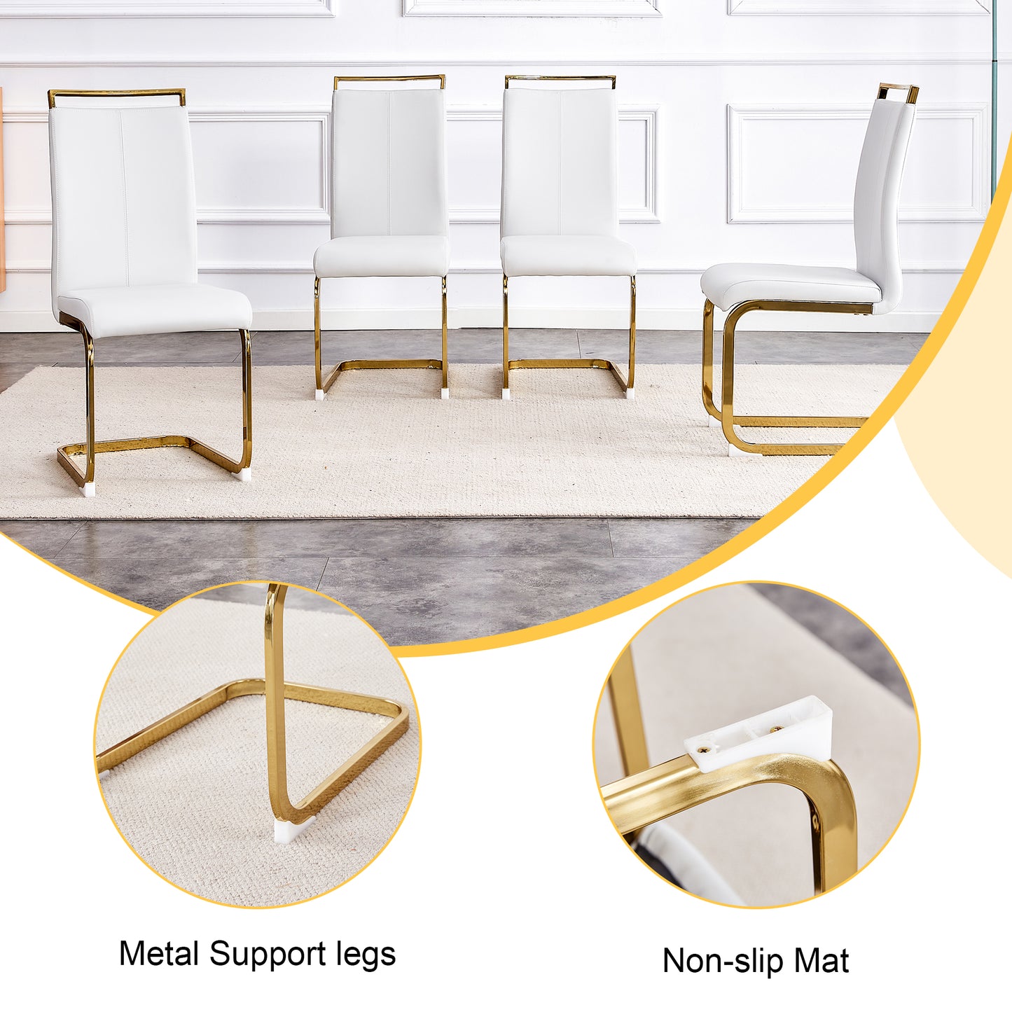 White faux leather dining chairs with gold metal legs