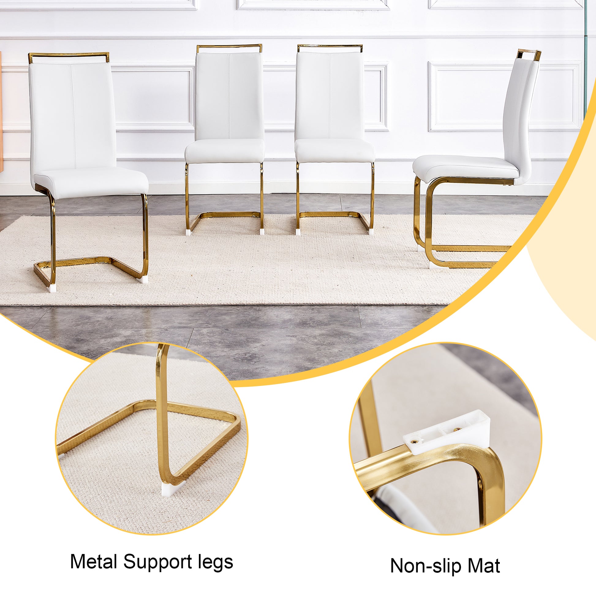White faux leather dining chairs with gold metal legs
