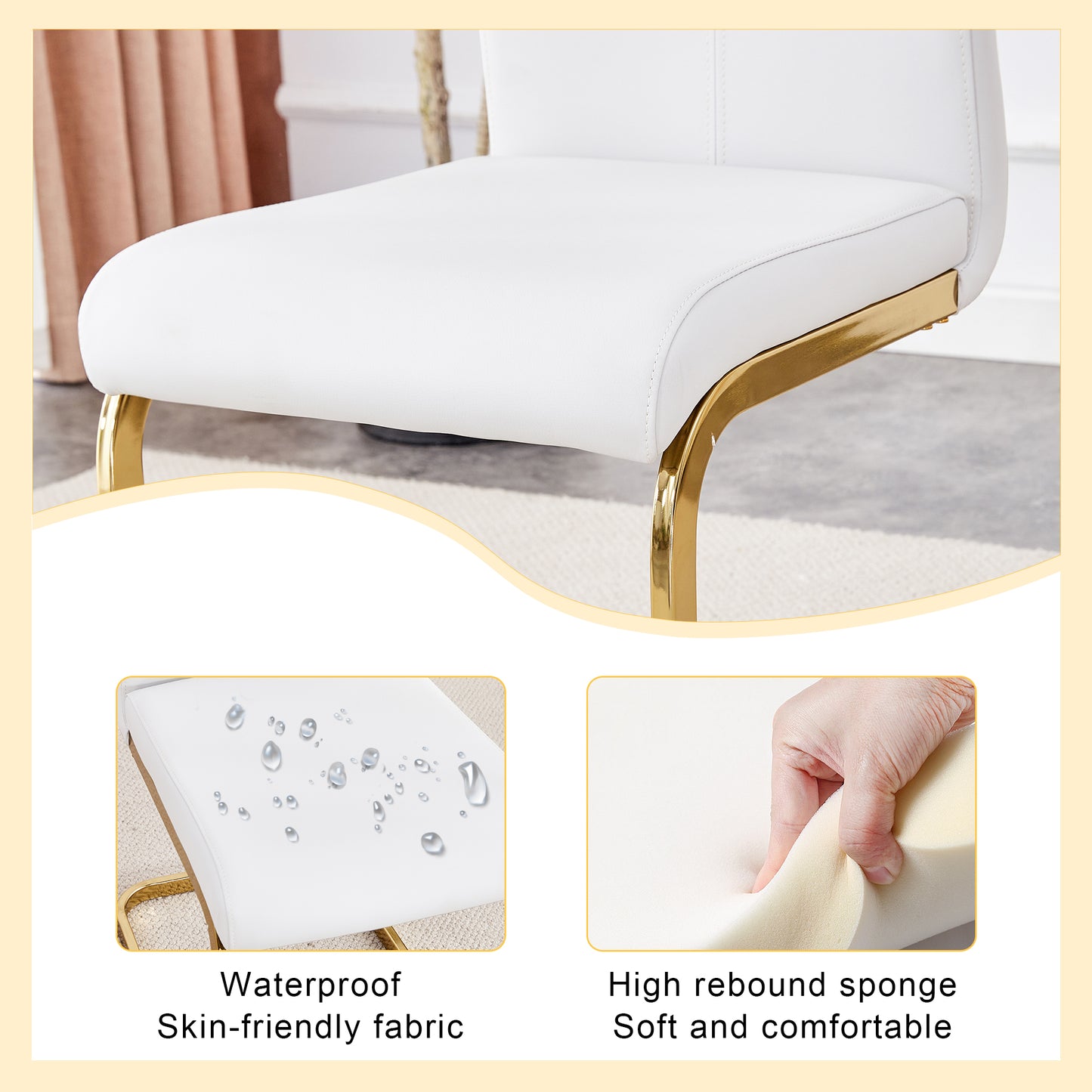 White faux leather dining chair seat with gold legs