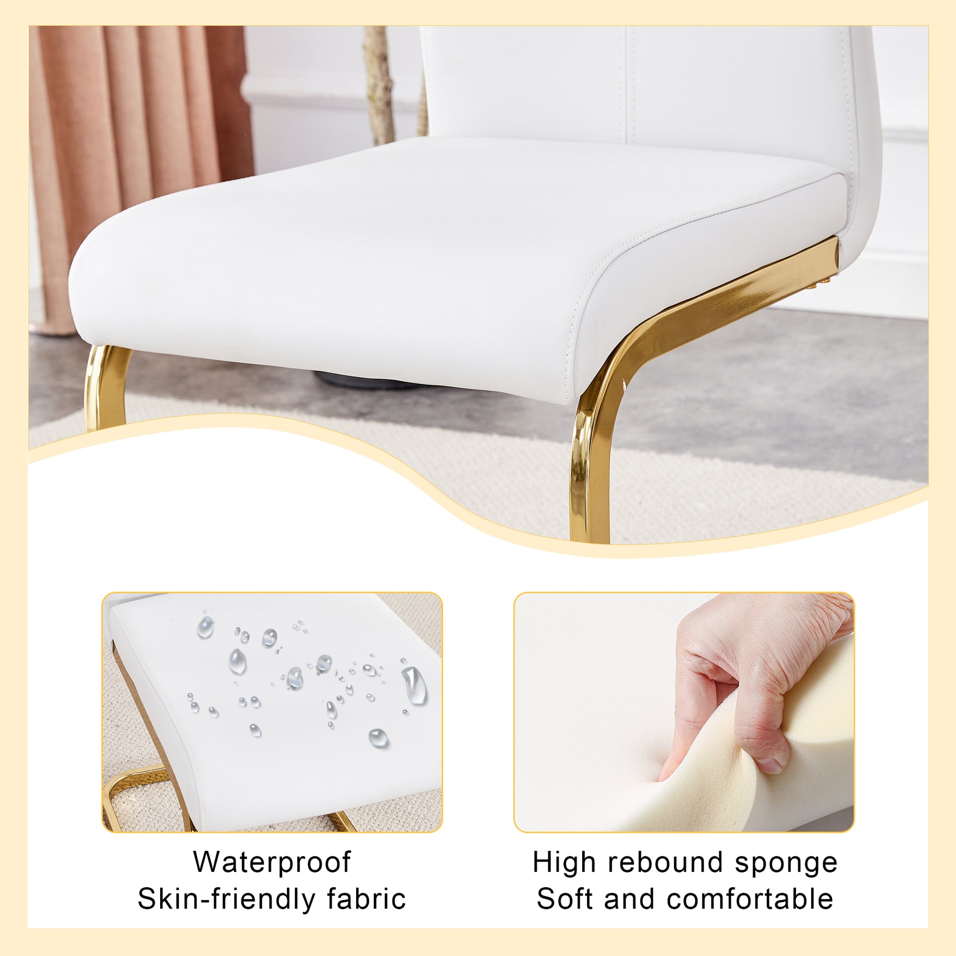 White faux leather dining chair seat with gold legs