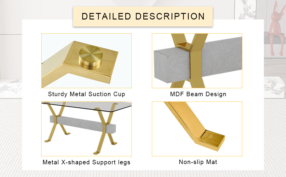 Gold metal suction cup detail on a modern glass coffee table