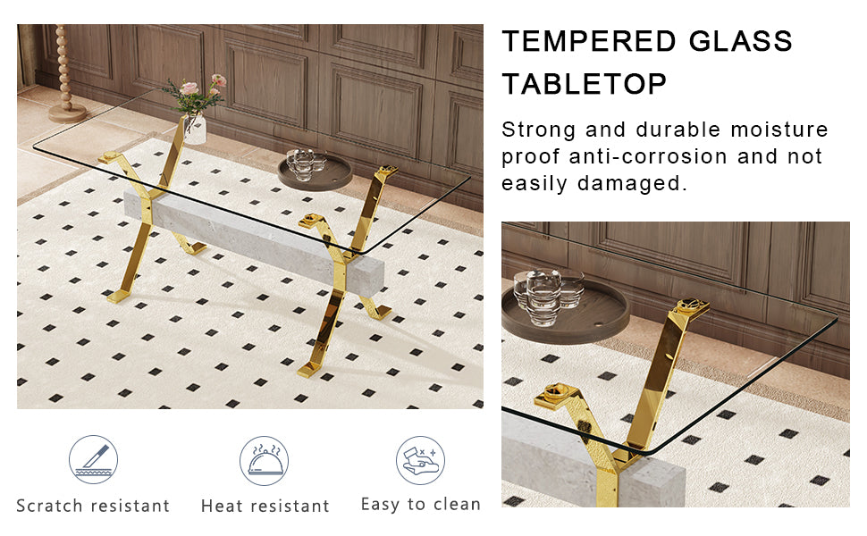 Modern glass coffee table with gold legs and marble base