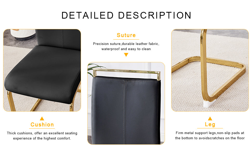 Black leather dining chair seat cushion with gold metal legs