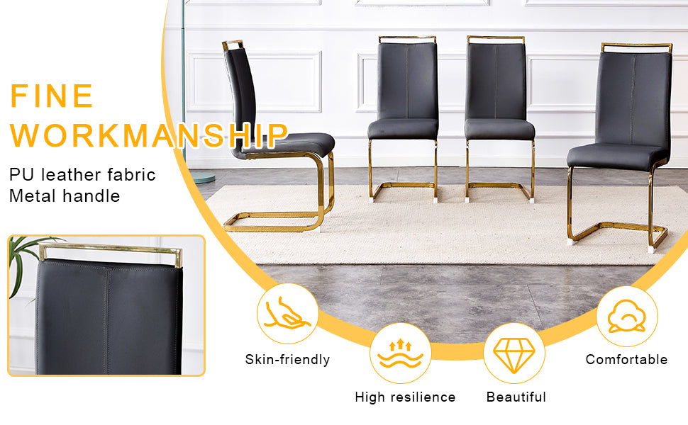 Four grey PU leather dining chairs with gold metal frames